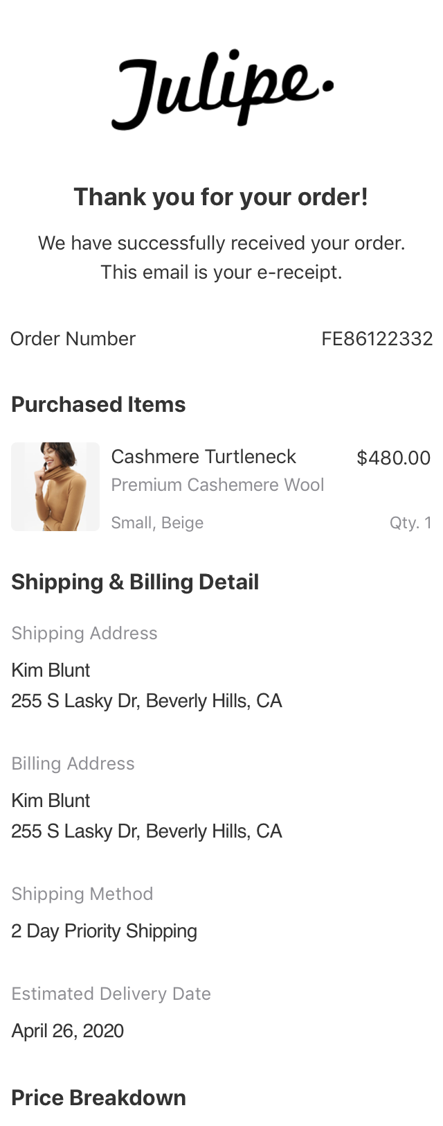 An example of the confirmation email the customer is sent.